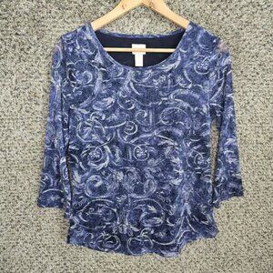 Chicos Top Womens 0 US Small Blue Scoop Neck 3/4 Sleeve Blouse Casual Ladies